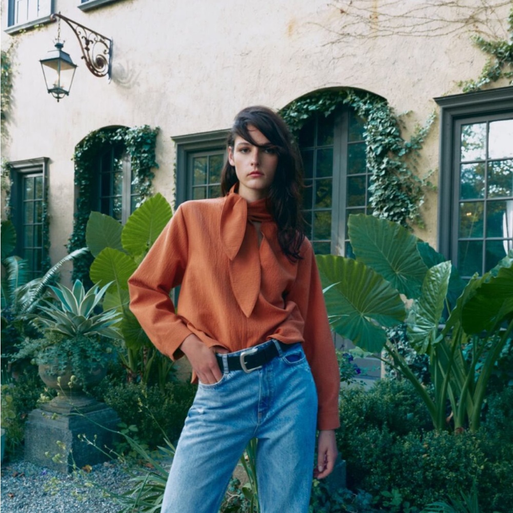 Zara Textured Tie Blouse